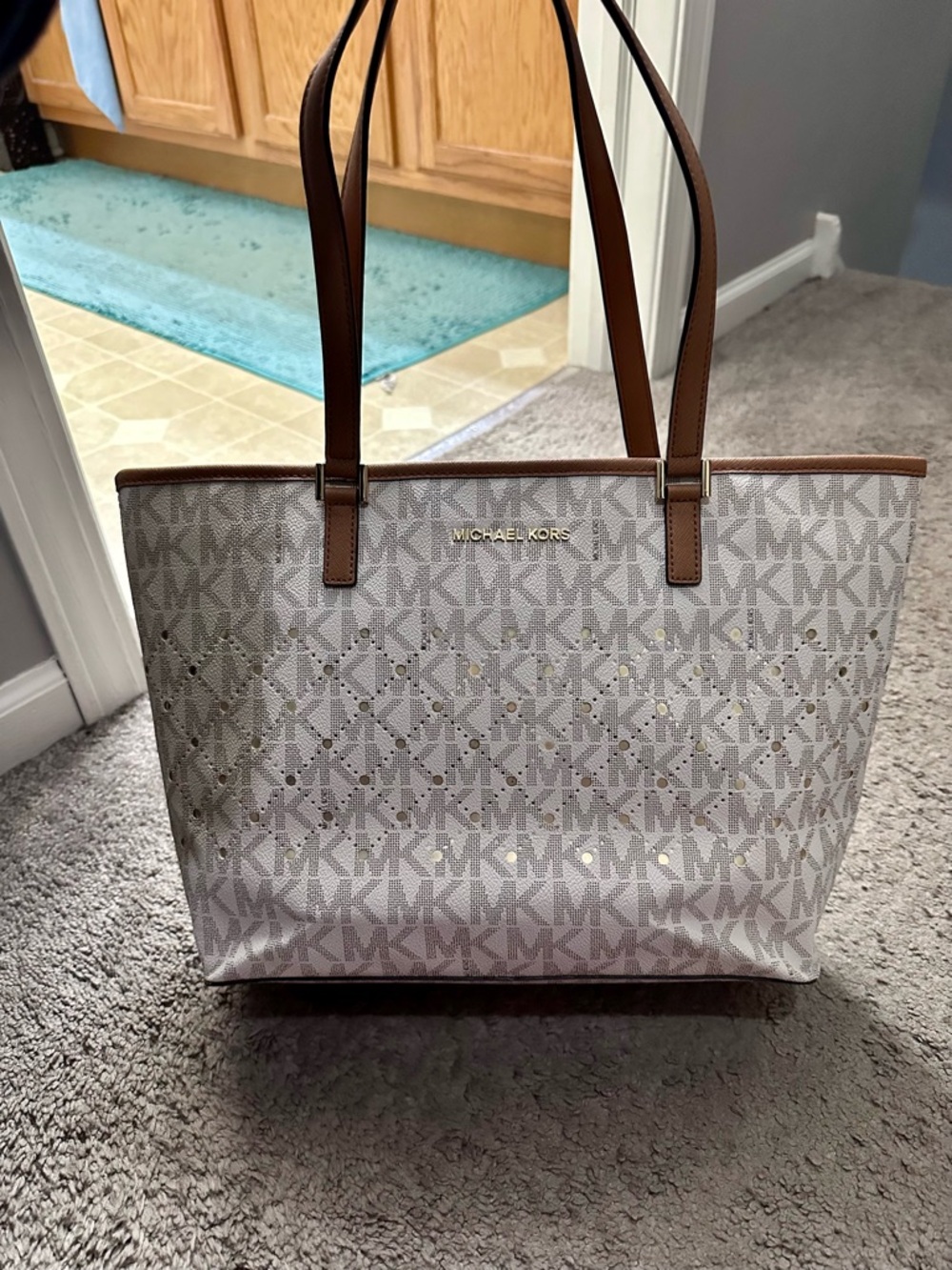Michael Kors Gray MK Logo Tote with Brown Trim